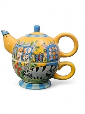 Catzilla Cats in the Garden Tea-for-One Set Candace Reiter Yellow Cat Teapot